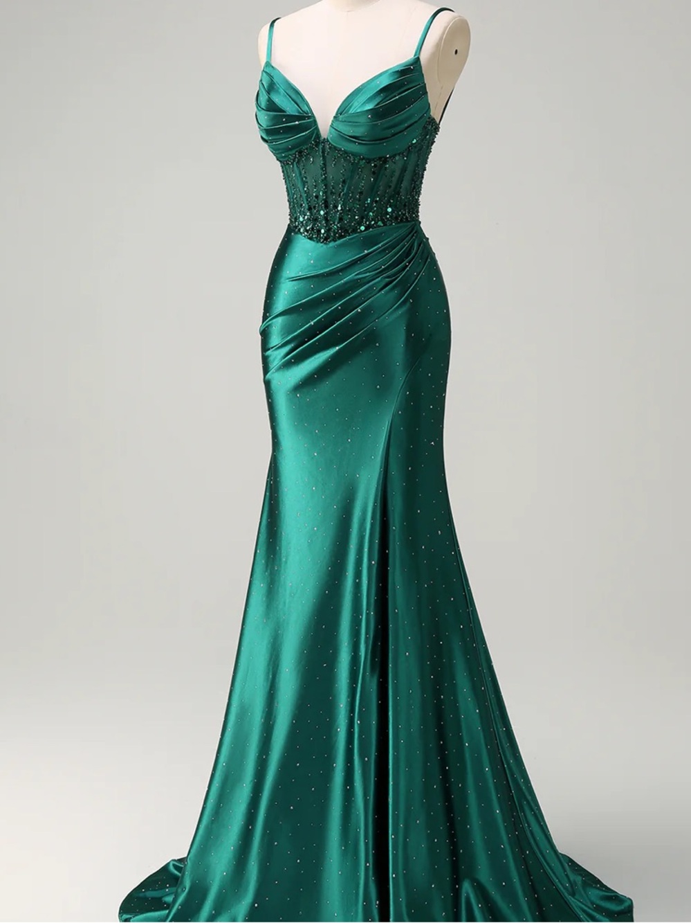 Sparkly Emerald Green Mermaid Gown with Spaghetti Straps